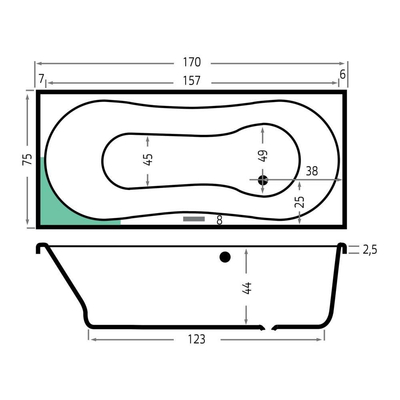 Xenz Dominica ligbad - 170x75cm - met overloop - zonder afvoer - Acryl Wit