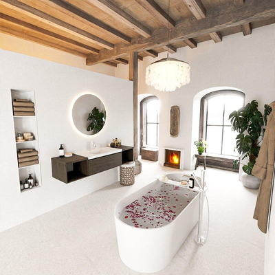 MONDIAZ BUKLA 160cm badmeubel met open module 40 L+R kleur Dark Brown met 1 lade. Wastafel CLOUD midden 1 kraangat kleur Talc.