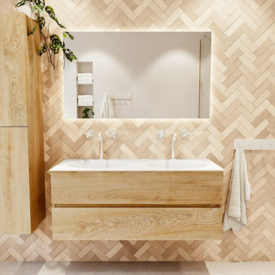 MONDIAZ VICA 120cm badmeubel onderkast Washed Oak 2 lades. Wastafel MOON dubbel 2 kraangaten, kleur Talc.