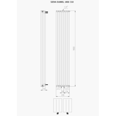 Plieger Siena designradiator verticaal dubbel 1800x318mm 1096W zandsteen