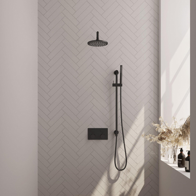 BRAUER Black Edition Thermostatische Regendouche inbouw - drukknoppen - SET 63 - 20cm hoofddouche - gebogen muurarm - staaf handdouche - doucheslang - geïntegreerde glijstang - zwart mat