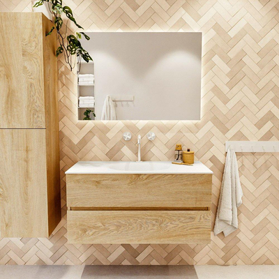 MONDIAZ VICA 100cm badmeubel onderkast Washed Oak 2 lades. Wastafel MOON midden 1 kraangat, kleur Talc.