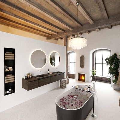 MONDIAZ BUKLA 200cm badmeubel met module 40 rechts kleur Dark Brown met 4 lades. Wastafel CLOUD dubbel 0 kraangaten kleur Urban.