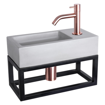 Differnz Ravo fonteinset - 38.5x18.5x25cm - Rechthoek - 1 kraangat - Gebogen rose koperen kraan - met zwart frame - beton lichtgrijs