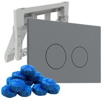QeramiQ Push Bedieningsplaat met toiletblokjeshouder - voor Geberit UP320 inbouwreservoir - dualflush - ronde knoppen - kunststof - inclusief 12 toiletblokjes - licht grijs