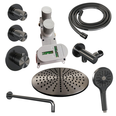 Brauer Gunmetal Carving Regendoucheset inbouw - hoofddouche 30cm - Wandarm - met inbouwdeel - Carving knoppen - handdouche Rond 1 stand - PVD - geborsteld gunmetal