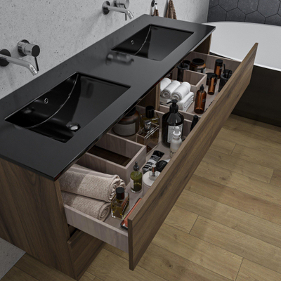 Adema Chaci Badkameronderkast - 140cm - 4 lades - greeploos - zwart keramieke wastafel - overloop - 2 wasbakken - zonder kraangaten - noten