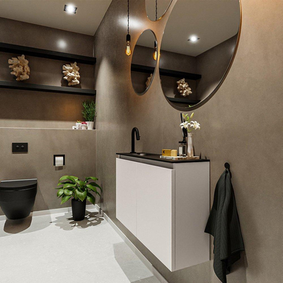 MONDIAZ TURE Fonteinset - 80x23x50cm - 1 kraangat - 2 deuren - linen mat - Wasbak links - Solid Surface Zwart