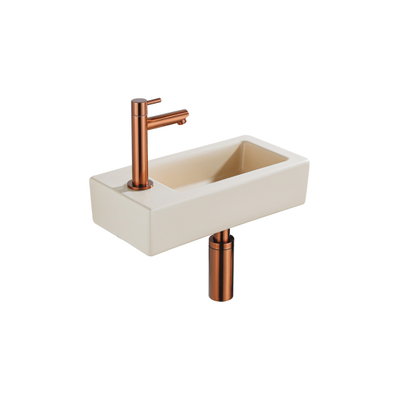 QeramiQ Fuente Fonteinset - 37.5x18.5x9cm - keramiek - kraangat links - fonteinkraan geborsteld koper - afvoerplug - verlaagd sifon - Mat Beige
