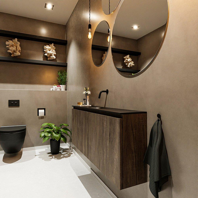 MONDIAZ TURE Fonteinset - 120x23x50cm - 0 kraangaten - 2 deuren - dark brown mat - Wasbak midden - Solid Surface Zwart