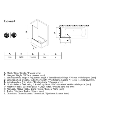 Sealskin Hooked badwand 75x140cm 6mm veiligheidsglas chroom