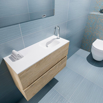 MONDIAZ ADA Toiletmeubel - 80x30x50cm - 1 kraangat - 2 lades - washed oak mat - wasbak rechts - Solid surface - Wit