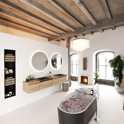 MONDIAZ BUKLA 200cm badmeubel met module 40 rechts kleur Washed Oak met 4 lades. Wastafel CLOUD dubbel 0 kraangaten kleur Urban.