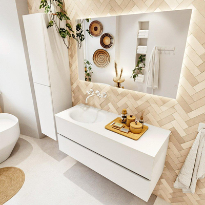 MONDIAZ VICA 120cm badmeubel onderkast Talc 2 lades. Wastafel MOON links zonder kraangat, kleur Talc.