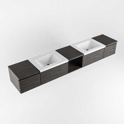 MONDIAZ BUKLA 240cm badmeubel met open module 40 midden kleur Dark Brown met 4 lades. Wastafel CLOUD dubbel 2 kraangaten kleur Talc.