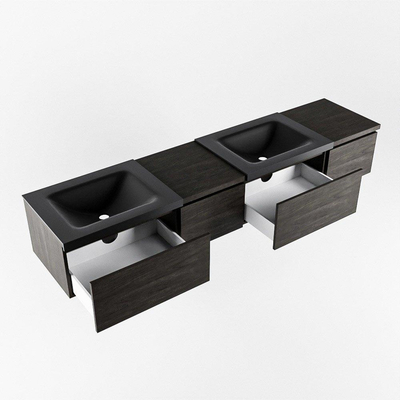 MONDIAZ BUKLA 200cm badmeubel met module 40 links kleur Dark Brown met 4 lades. Wastafel CLOUD dubbel 2 kraangaten kleur Urban.