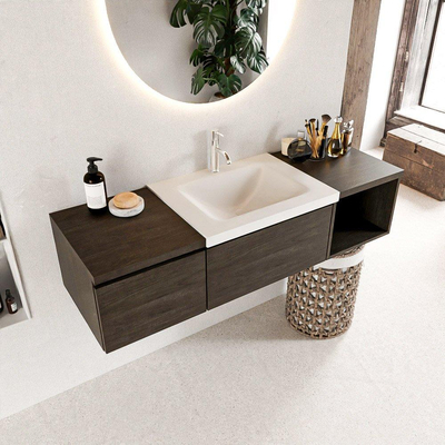 MONDIAZ BUKLA 140cm badmeubel met open module 40 rechts kleur Dark Brown met 2 lades. Wastafel CLOUD midden 1 kraangat kleur Talc.