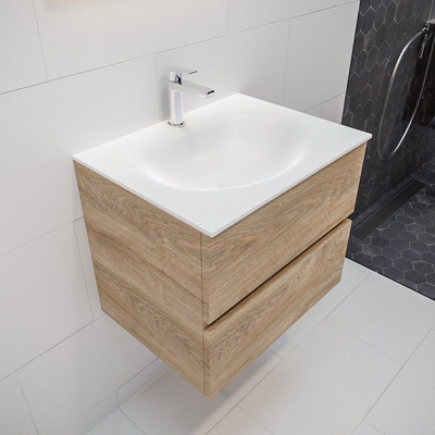 MONDIAZ VICA Badkamermeubelset - 60cm - 2 lades - wasbak Moon midden - 1 kraangat - solid surface washed oak