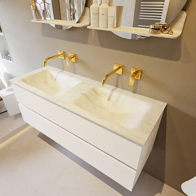 MONDIAZ VICA-DLUX Badkamermeubelset - 130cm - onderkast talc - 2 lades - inbouw wastafel cloud dubbel - zonder kraangaten - 60cm hoge versie - opalo