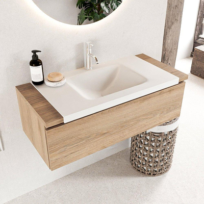 Mondiaz BUKLA Badkamermeubelset - 100x45x34cm - 1 kraangat - wasbak midden - solid surface - Talc - greeploos - 1 lade - Melamine - Washed Oak