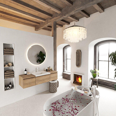 MONDIAZ BUKLA 140cm badmeubel met module 40 kleur Washed Oak met 3 lades. Wastafel CLOUD midden 1 kraangat kleur Talc.