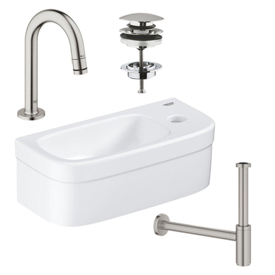 GROHE Euro fonteinset 37x18cm 1 kraangat zonder overloop gebogen super steel kraan sifon afvoerplug fontein Rechthoek wit