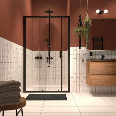 Sealskin Inc. Tweedelige schuifdeur in nis 140x200cm 8mm helder veiligheidsglas met antikalklaag zwart mat