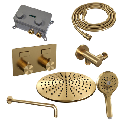 BRAUER Gold Edition Thermostatische Regendouche inbouw - drukknoppen - SET 58 - 30cm hoofddouche - gebogen muurarm - 3 standen handdouche - doucheslang - wandaansluitbocht - goud geborsteld PVD