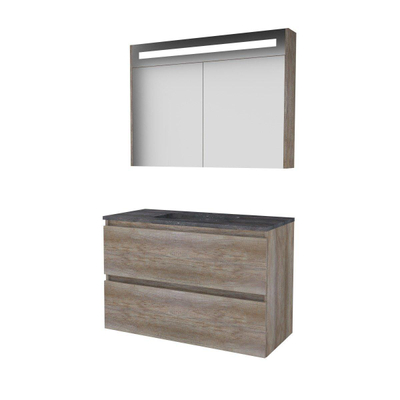 Basic-Line Premium 46 badkamermeubelset - 100x46cm - greeploos - 2 lades - hardsteen wastafel - 1 kraangat - Spiegelkast - geintegreerde LED verlichting - MFC Scotch Oak