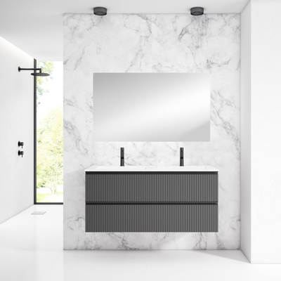Adema Prime Blend Badkamermeubelset - 120x55x46cm - 2 rechthoekige keramische wasbakken wit - 2 kraangaten - 2 lades - rechthoekige spiegel - mat antraciet