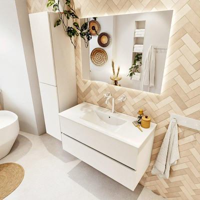 MONDIAZ VICA 100cm badmeubel onderkast Talc 2 lades. Wastafel DENIA midden 1 kraangat, kleur Glanzend Wit.