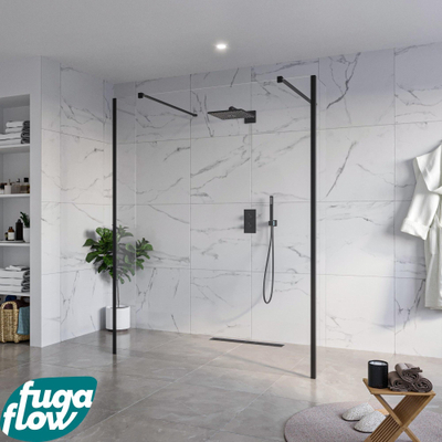 FugaFlow Eccelente Vetro Vrijstaande inloopdouche badkamer - 160x200cm - Helder - antikalk - 8mm veiligheidsglas - 2 zijwanden 30cm - met wandarmen en hoekprofielen - Zwart mat -