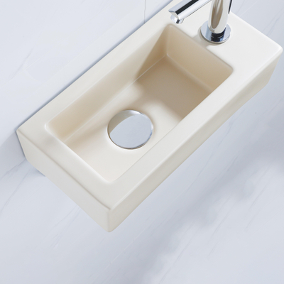 QeramiQ Fuente Fonteinset - 37.5x18.5x9cm - keramiek - kraangat rechts - fonteinkraan chroom - afvoerplug - verlaagd sifon - Mat Beige