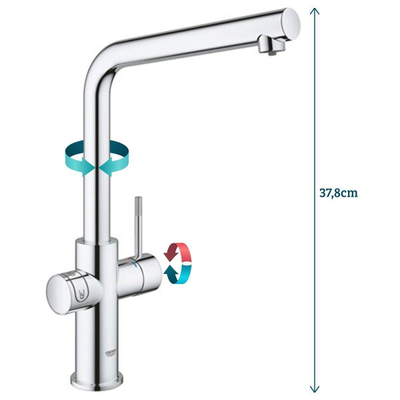 GROHE Blue Home Keukenkraan - L-Uitloop - 1-gats - filterfunctie - plat licht en bruisend water - chroom