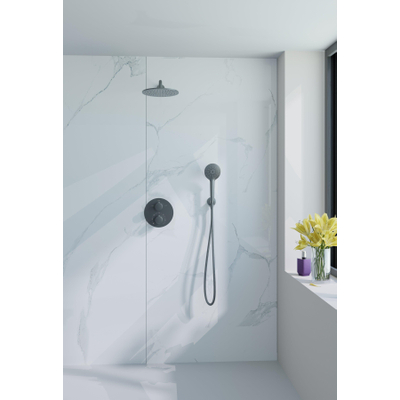Fortifura Calvi Inbouw Regendoucheset - rond - thermostatisch - wandarm - 25cm hoofddouche - ronde handdouche - gladde slang - Geborsteld Gunmetal PVD