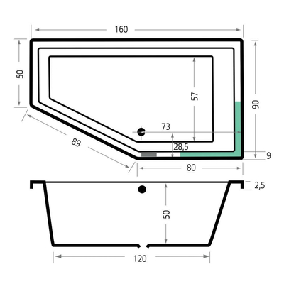 Xenz Society 160 ligbad - 160x90cm - met overloop - zonder afvoer - Hoekopstelling rechts - Acryl - Edelweiss mat