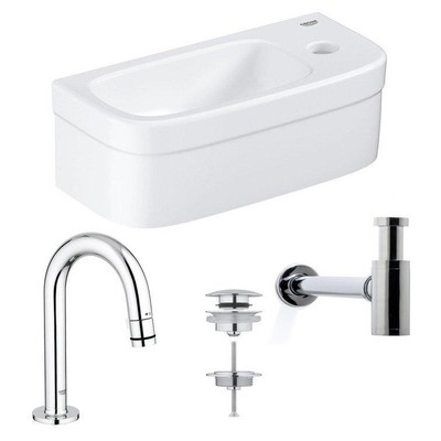 GROHE Euro fonteinset 37x18cm gebogen GROHE kraan Saniclass sifon afvoerplug Chroom Wit