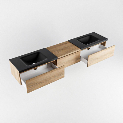 MONDIAZ BUKLA 220cm badmeubel met module 60 kleur Washed Oak met 3 lades. Wastafel CLOUD dubbel 0 kraangaten kleur Urban.