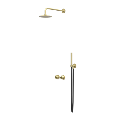 IVY Tribe Regendoucheset - inbouw - symmetry - 2-weg stop-omstel - 30cm plafondbuis - 20cm medium hoofddouche - houder met uitlaat - 150cm doucheslang - staafmodel handdouche - RVS316 - geborsteld mat goud PVD