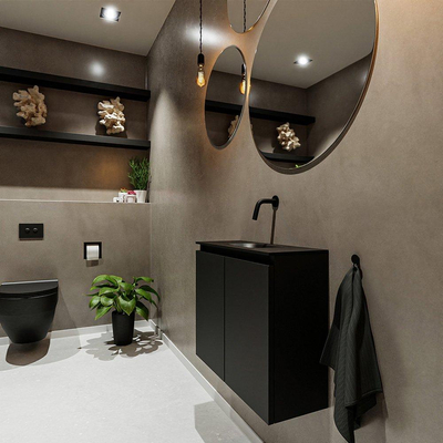 MONDIAZ TURE Fonteinset - 60x23x50cm - 0 kraangaten - 2 deuren - urban mat - Wasbak midden - Solid Surface Zwart