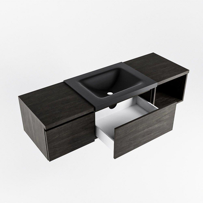 MONDIAZ BUKLA 140cm badmeubel met open module 40 rechts kleur Dark Brown met 2 lades. Wastafel CLOUD rechts 1 kraangat kleur Urban.