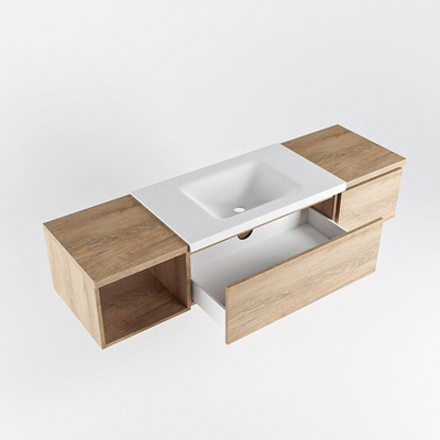 MONDIAZ BUKLA 160cm badmeubel met open module 40 links kleur Washed Oak met 2 lades. Wastafel CLOUD midden 0 kraangaten kleur Talc.