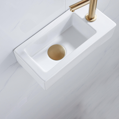 QeramiQ Fuente Fonteinset - 37.5x18.5x9cm - keramiek - kraangat rechts - fonteinkraan geborsteld messing - afvoerplug - verlaagd sifon - Glans wit