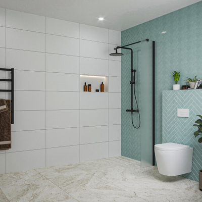 FugaFlow Eccelente Vetro inloopdouche badkamer - 30x200cm - mat glas - wandarm - mat zwart