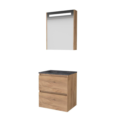 Basic-Line Premium 46 badkamermeubelset - 60x46cm - greeploos - 2 lades - hardsteen wastafel - 1 kraangat - Spiegelkast - geintegreerde LED verlichting - MFC Whisky Oak