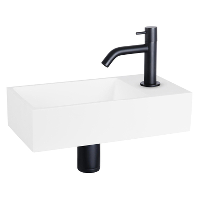 Differnz Solid fonteinset - 36x18.5x9cm - Rechthoek - 1 kraangat - Gebogen zwart matte kraan - Solid surface Wit
