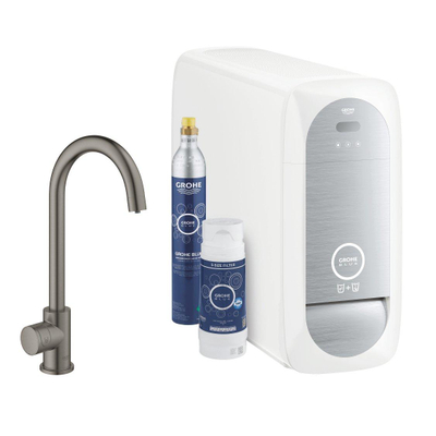 GROHE Blue Home Keukenkraan - C-uitloop - 1-gats - filterfunctie - plat licht en bruisend water - hard graphite geborsteld