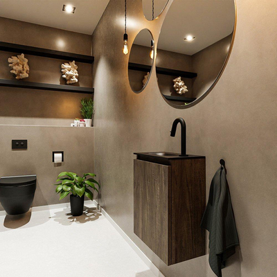 MONDIAZ TURE Fonteinset - 40x23x50cm - 1 kraangat - 1 deur - dark brown mat - Wasbak links - Solid Surface Zwart