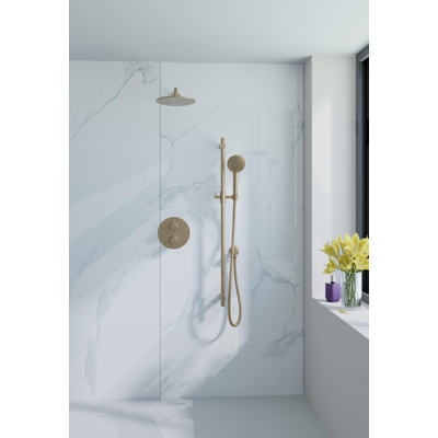 Fortifura Calvi Inbouw Regendoucheset - rond - thermostatisch - wandarm - glijstang - 25cm hoofddouche - ronde handdouche - gladde slang - Geborsteld Messing PVD Goud
