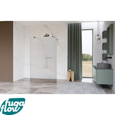 FugaFlow Eccelente Vetro Vrijstaande inloopdouche badkamer - 120x200cm - Helder geribbeld - antikalk - 8mm veiligheidsglas - met wandarmen - Zwart mat -